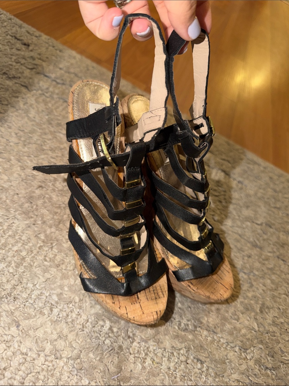 Steve Madden Black Strappy Cork Wedge Sandals with Gold Accents